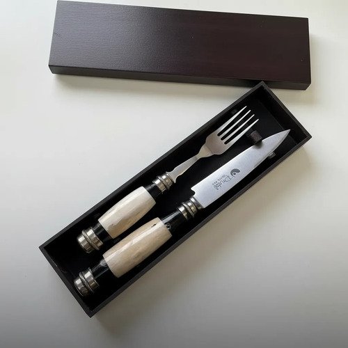 Juego De Cubiertos Parillero Artesanal Caja Madera Personali Beige Y Negro - Imagen 7